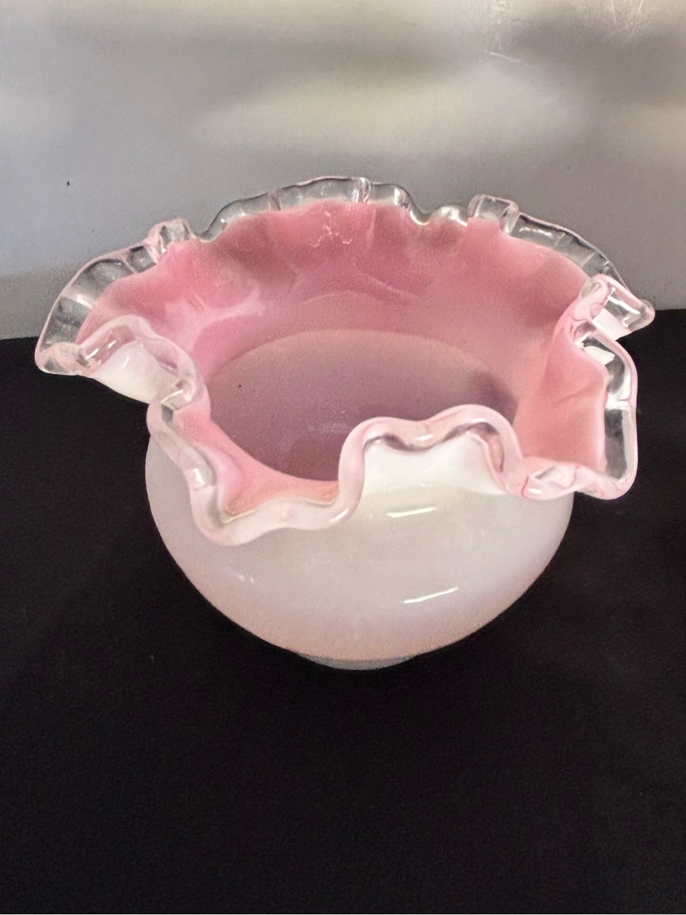 Fenton Pink Interior MilkGlass Ruffled Rim Bowl Vase - Fenton Silver Crest